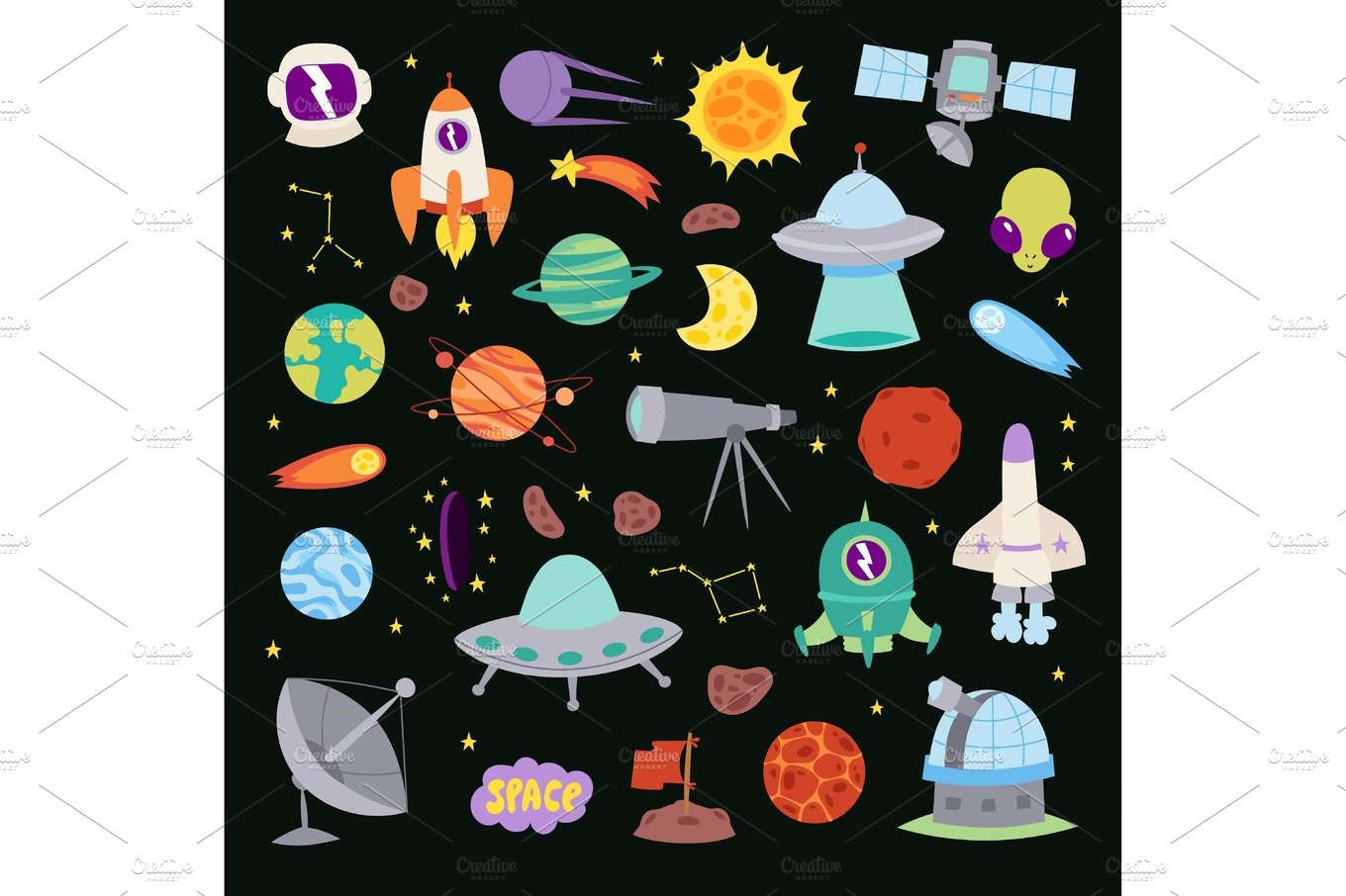 Astronomy icons stickers vector set, astronaut collection cover image.