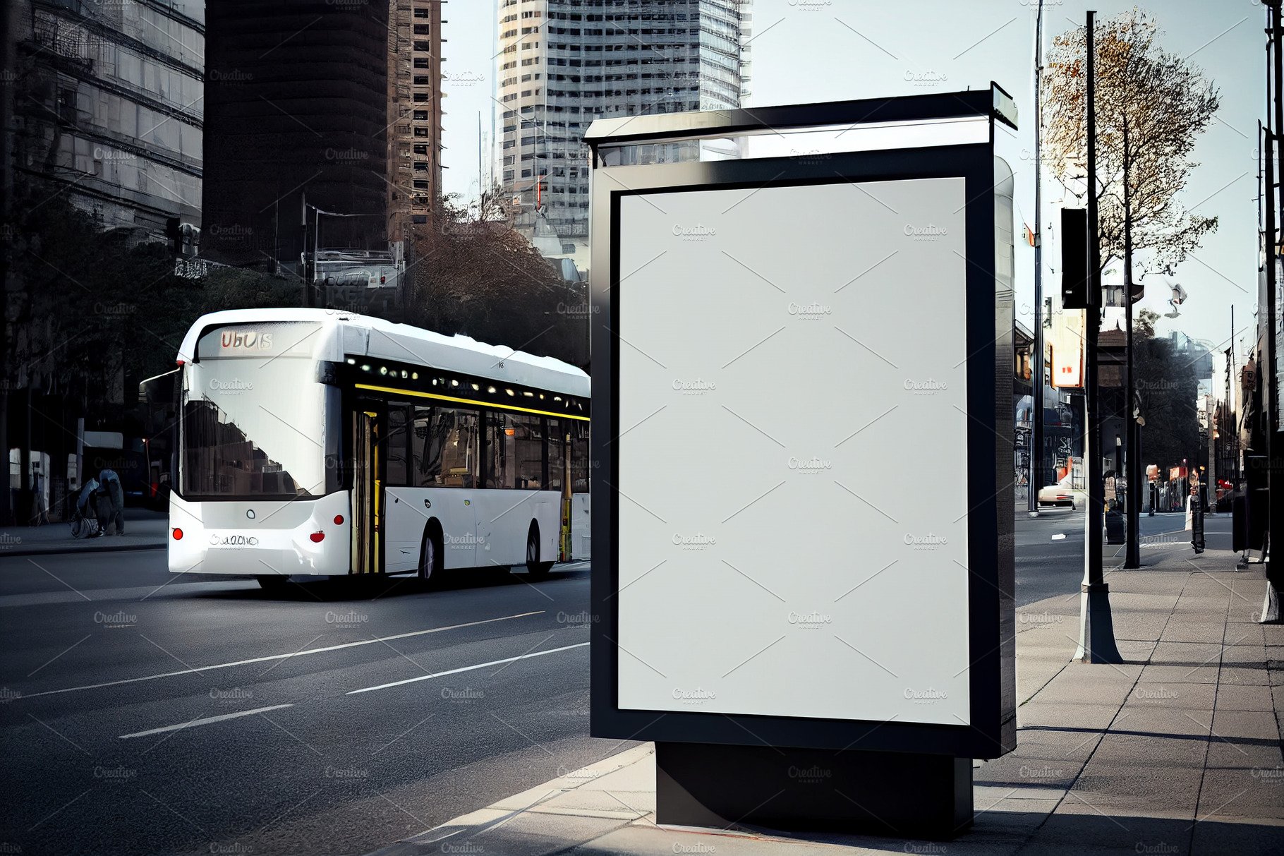 Blank street billboard poster stand mock up in downtown with city background. cover image.