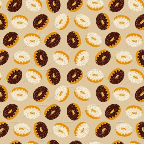 Seamless pattern with many delicious donuts cover image.