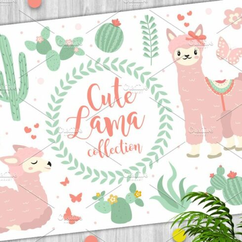 Cute lama set objects. Collection design elements with llama, cactus, lovel... cover image.