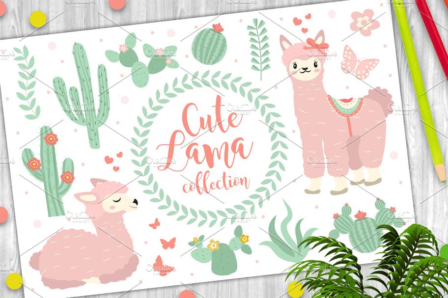 Cute lama set objects. Collection design elements with llama, cactus, lovel... cover image.