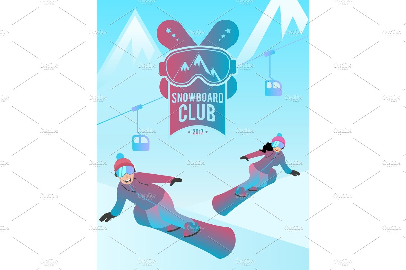 Snowboard club illustration with a couple of man and woman. cover image.