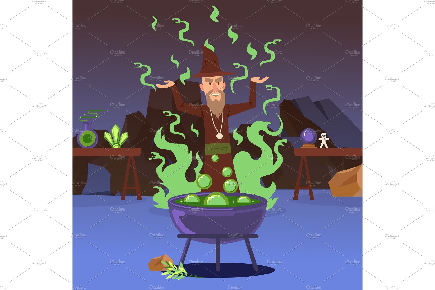 Sorcerer casting a spell, vector cover image.