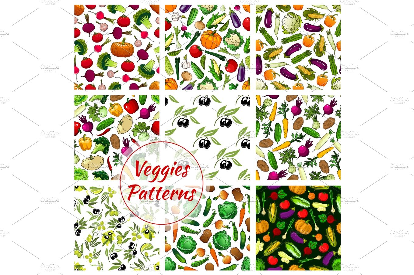 Veggies vegetables seamless patterns set cover image.