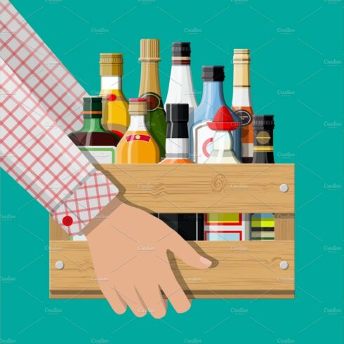 Alcohol drinks collection in box in cover image.
