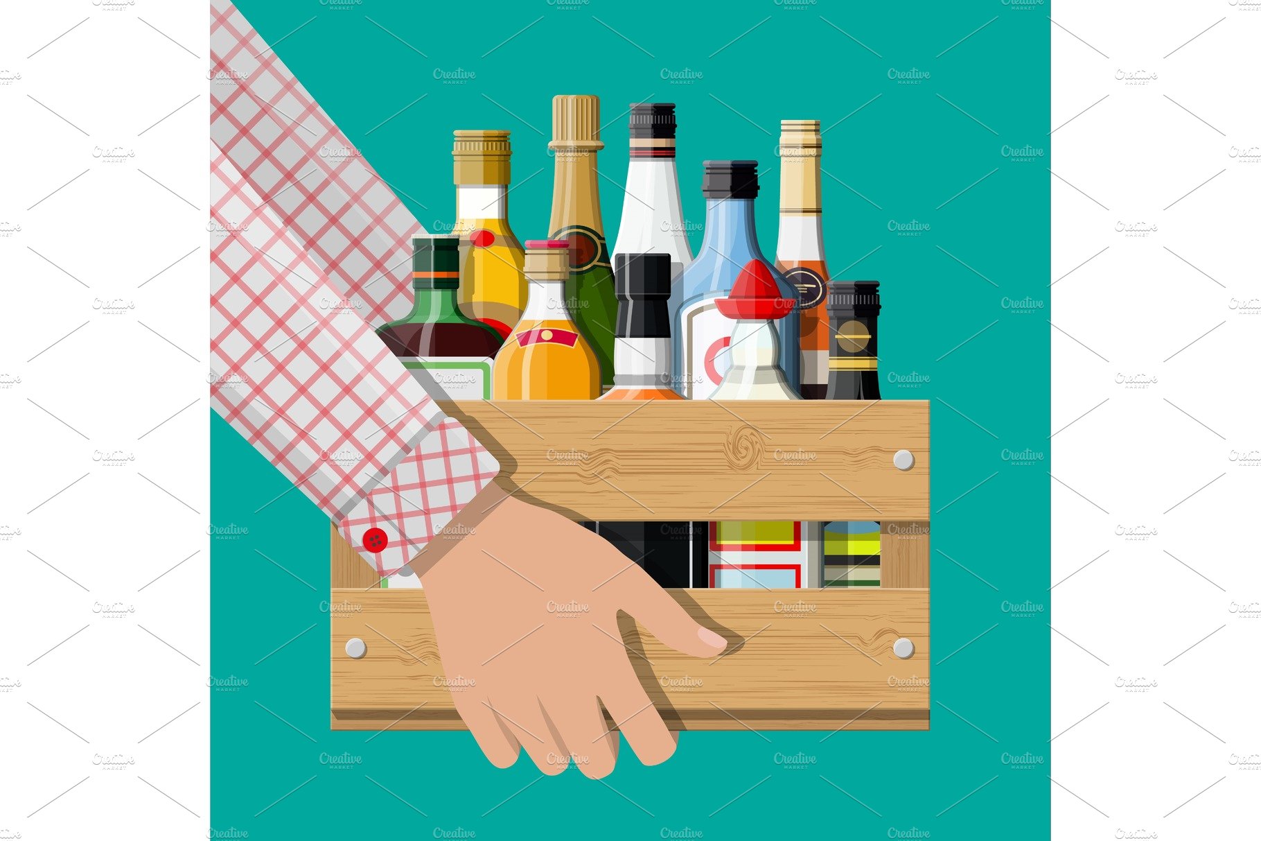 Alcohol drinks collection in box in cover image.