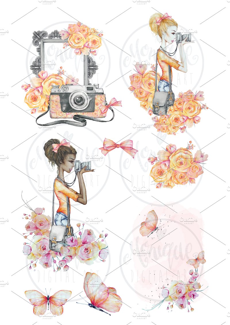 Camera Girl Clipart watercolor preview image.