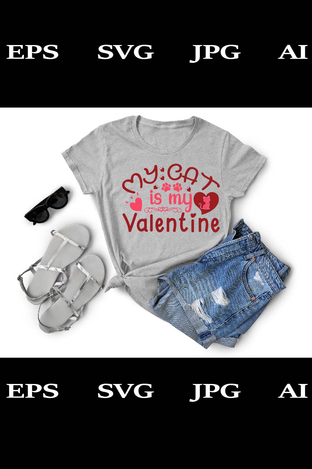 My Cat Is My Valentine T-Shirt File Design pinterest preview image.