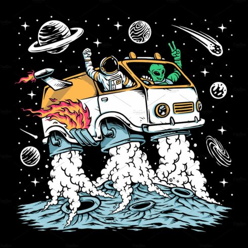 Astronaut and alien drive space car cover image.