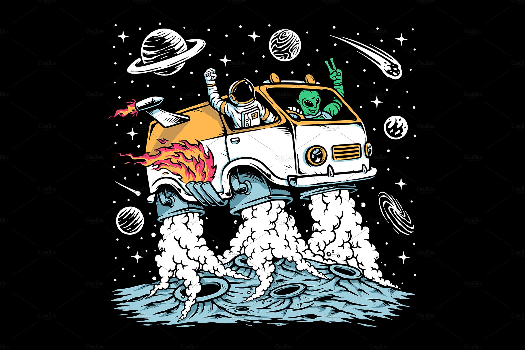 Astronaut and alien drive space car cover image.