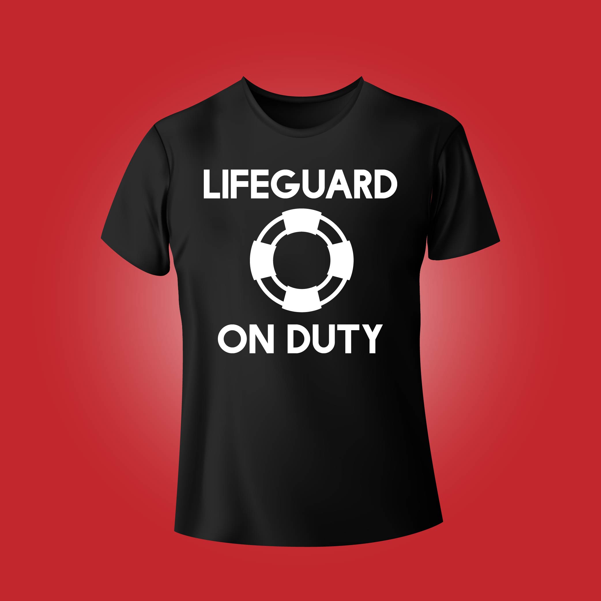 Black t - shirt that says lifeguard on duty.