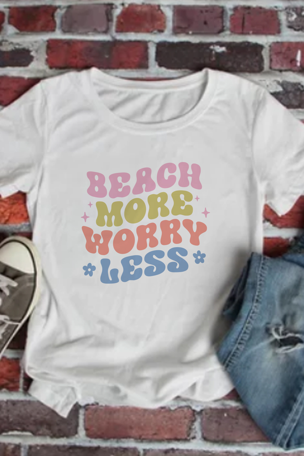 Beach More Worry Less, Summer t-shirt Design pinterest preview image.