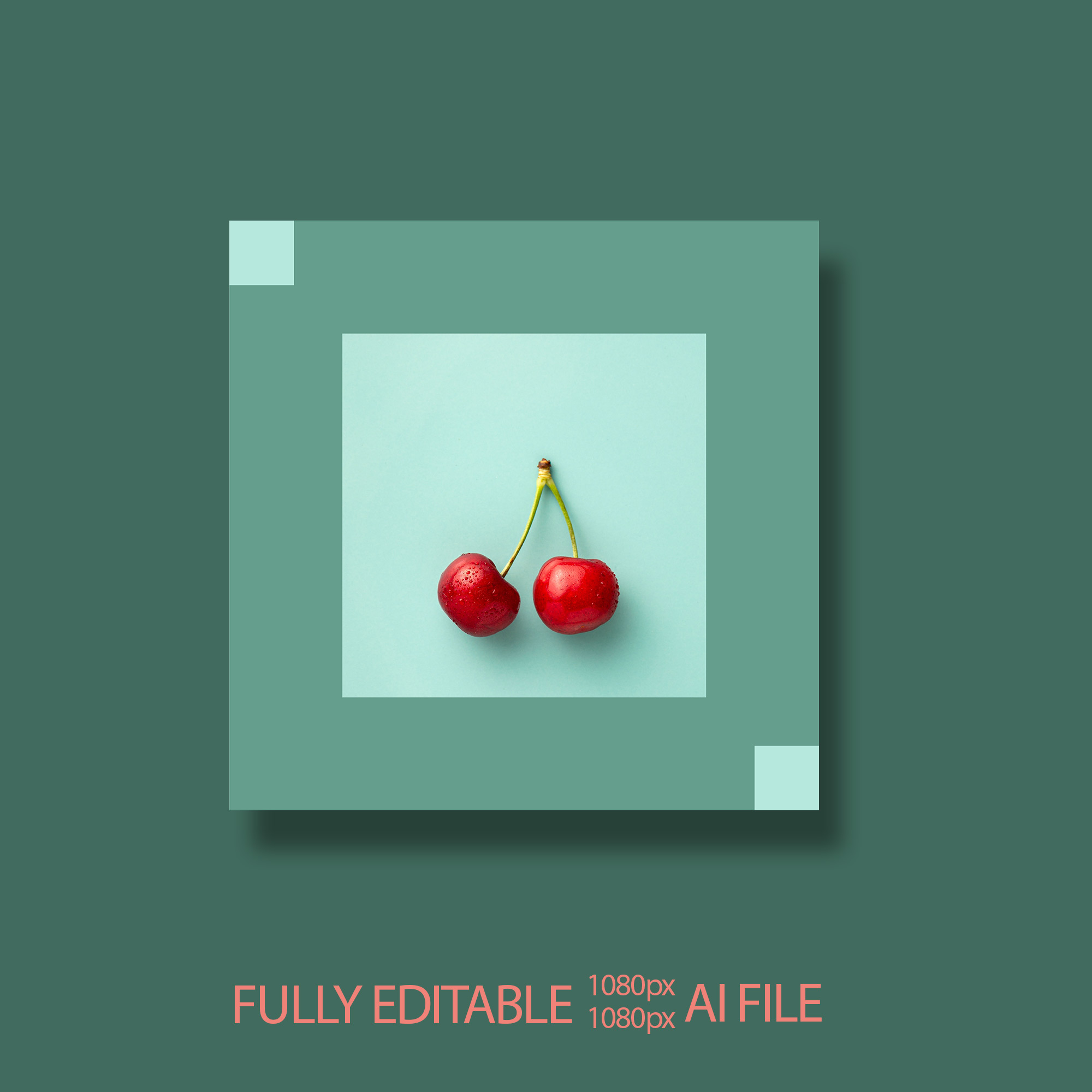 Picture of two cherries on a green background.