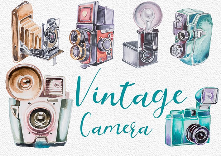 Watercolor Vintage Camera Clipart cover image.