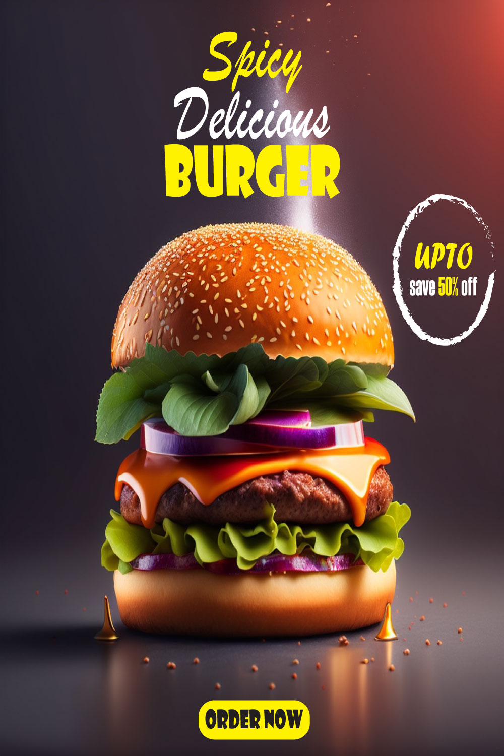 spicy delicious burger food social media post template pinterest preview image.