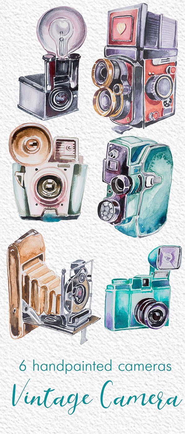 Watercolor Vintage Camera Clipart preview image.