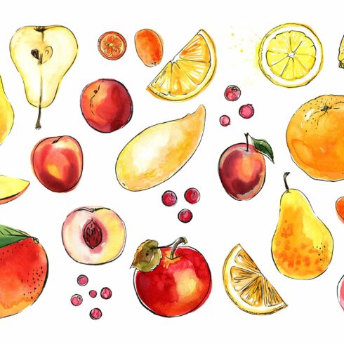 Food watercolor. Fruits and berries cover image.