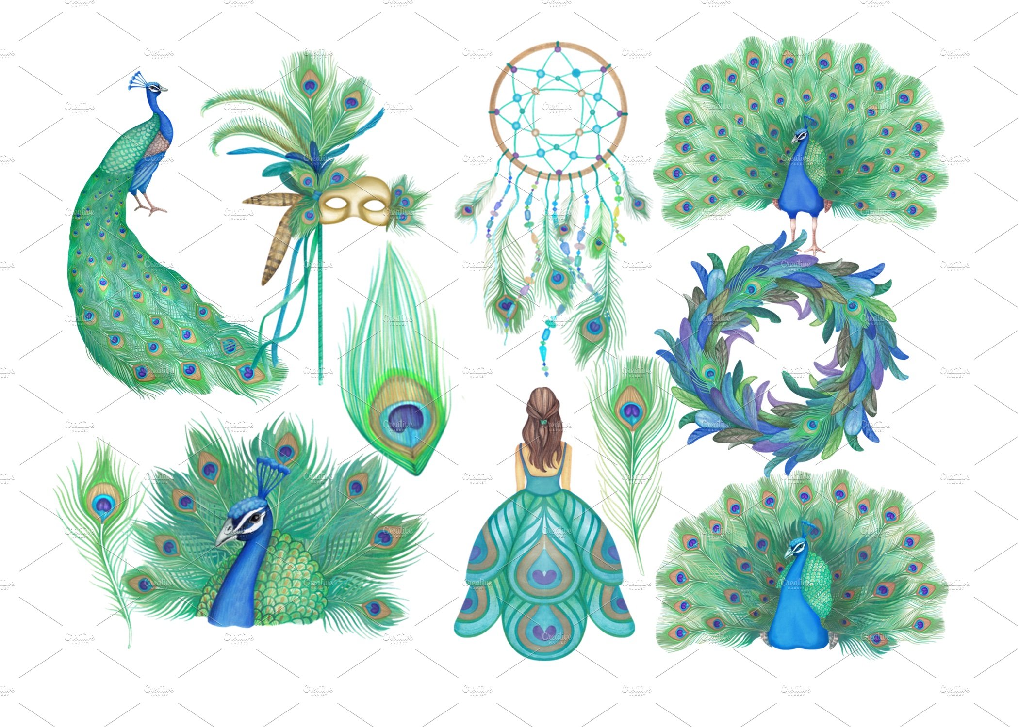 Watercolor Peacock Clipart Images preview image.