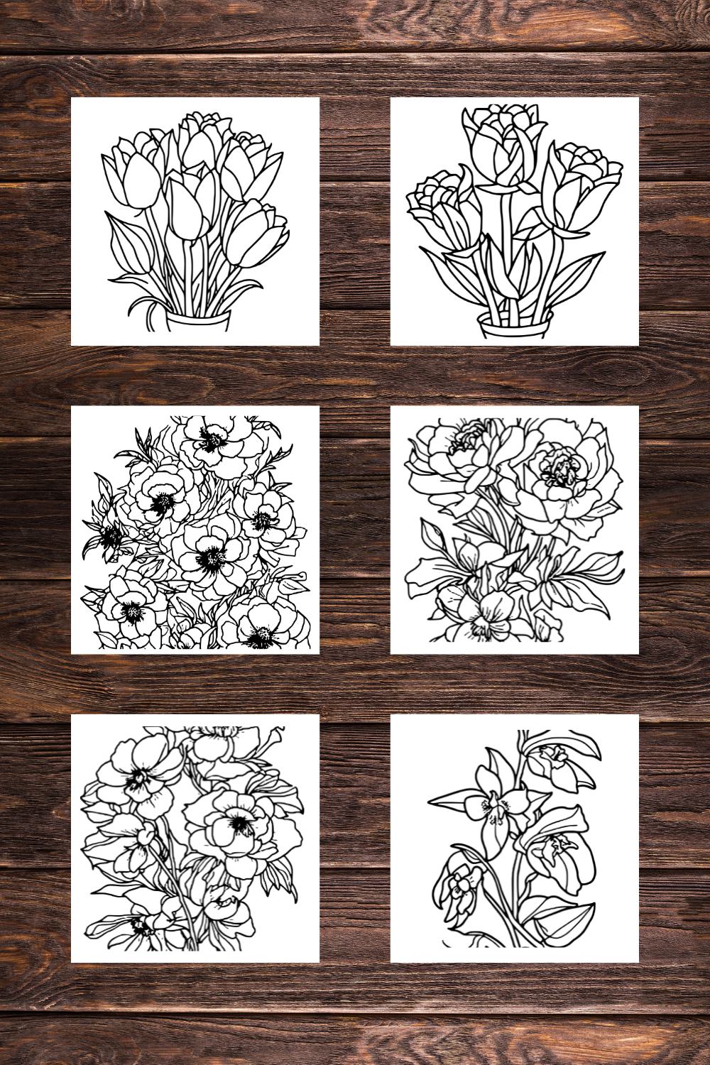 6 Flower Drawing Floral Coloring Pages For Adults (SVG and PNG) Use for KDP coloring books  pinterest preview image.
