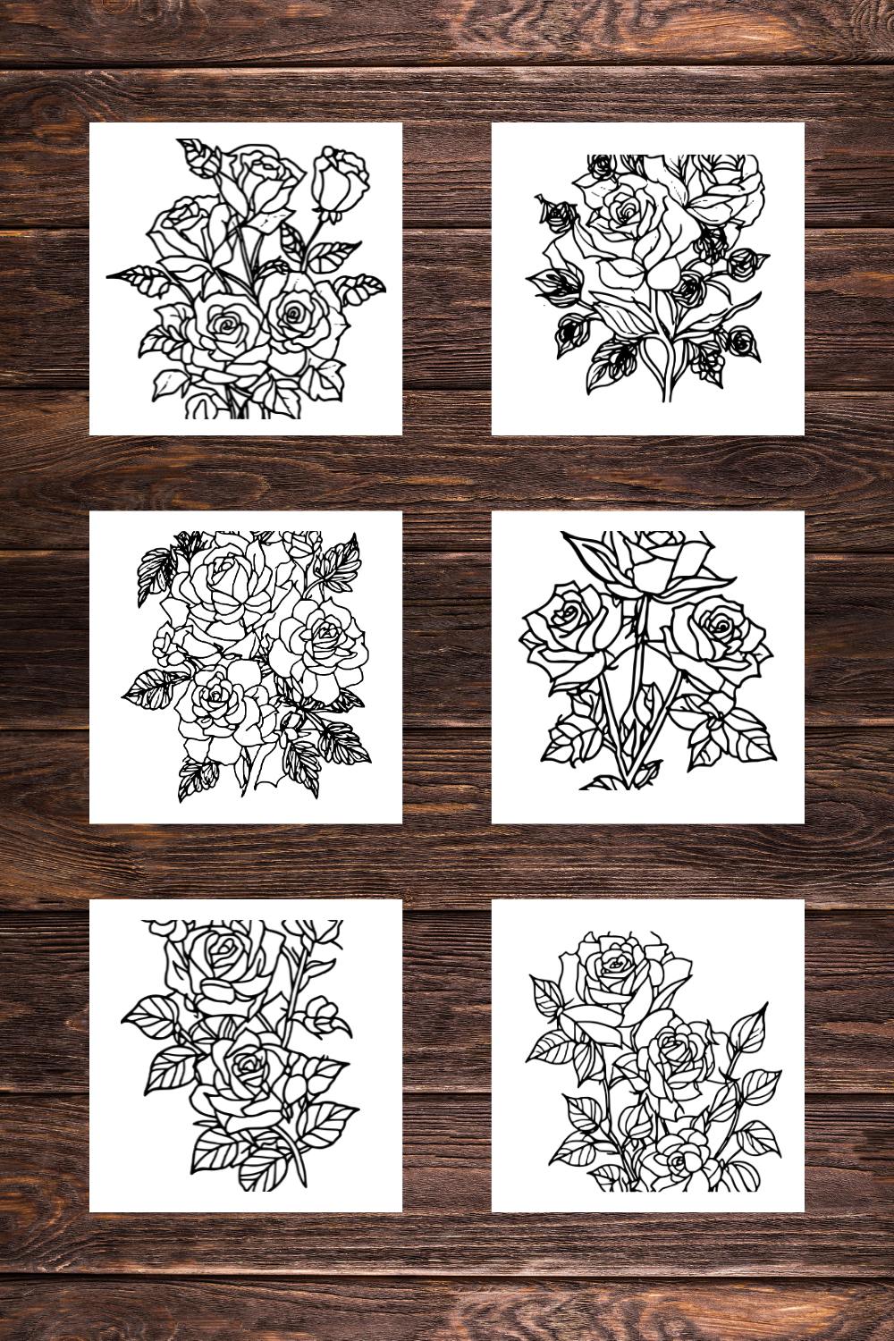 6 Rose Drawing Floral Coloring Pages with butterflies For Adults (SVG and PNG) pinterest preview image.