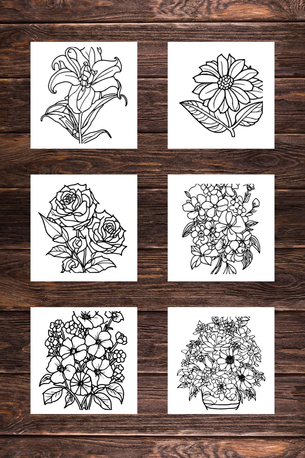 6 Floral Coloring Pages with For Adults (SVG and PNG) flower drawing sketch pinterest preview image.