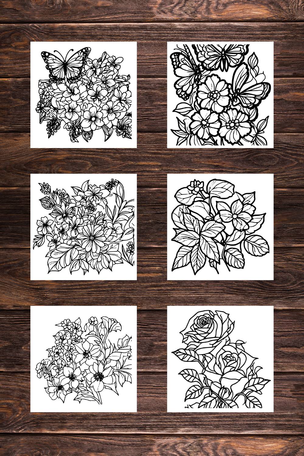 Title: 6 Flower Drawing Floral Coloring Pages with butterflies For Adults (SVG and PNG) pinterest preview image.