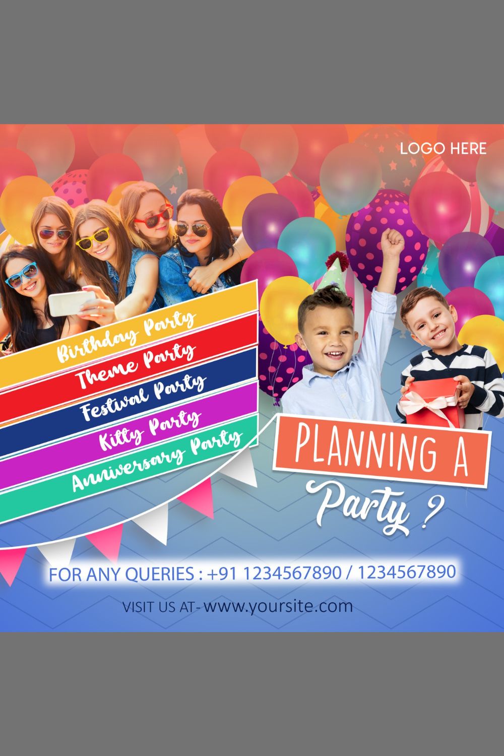 Theme Party Social Media Creative Template pinterest preview image.