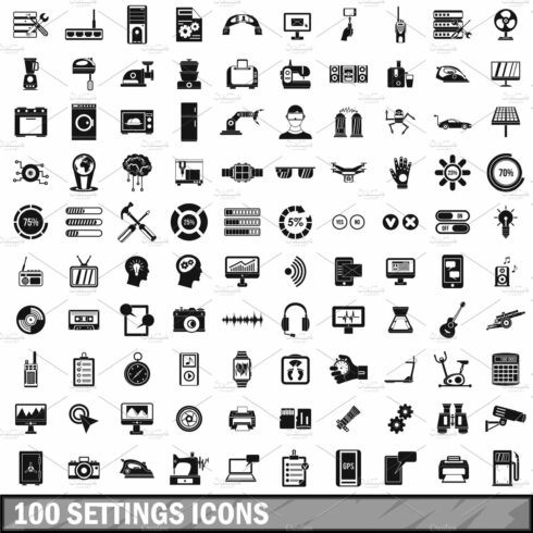 100 settings icons set, simple style cover image.