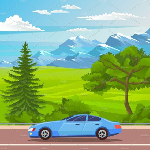 Blue modern car rides on highway out cover image.