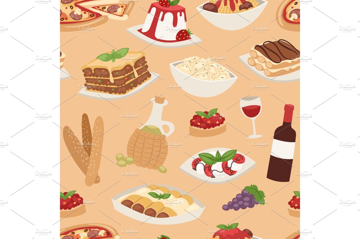 Cartoon italy food cuisine traditional seamless pattern vector illustration. cover image.