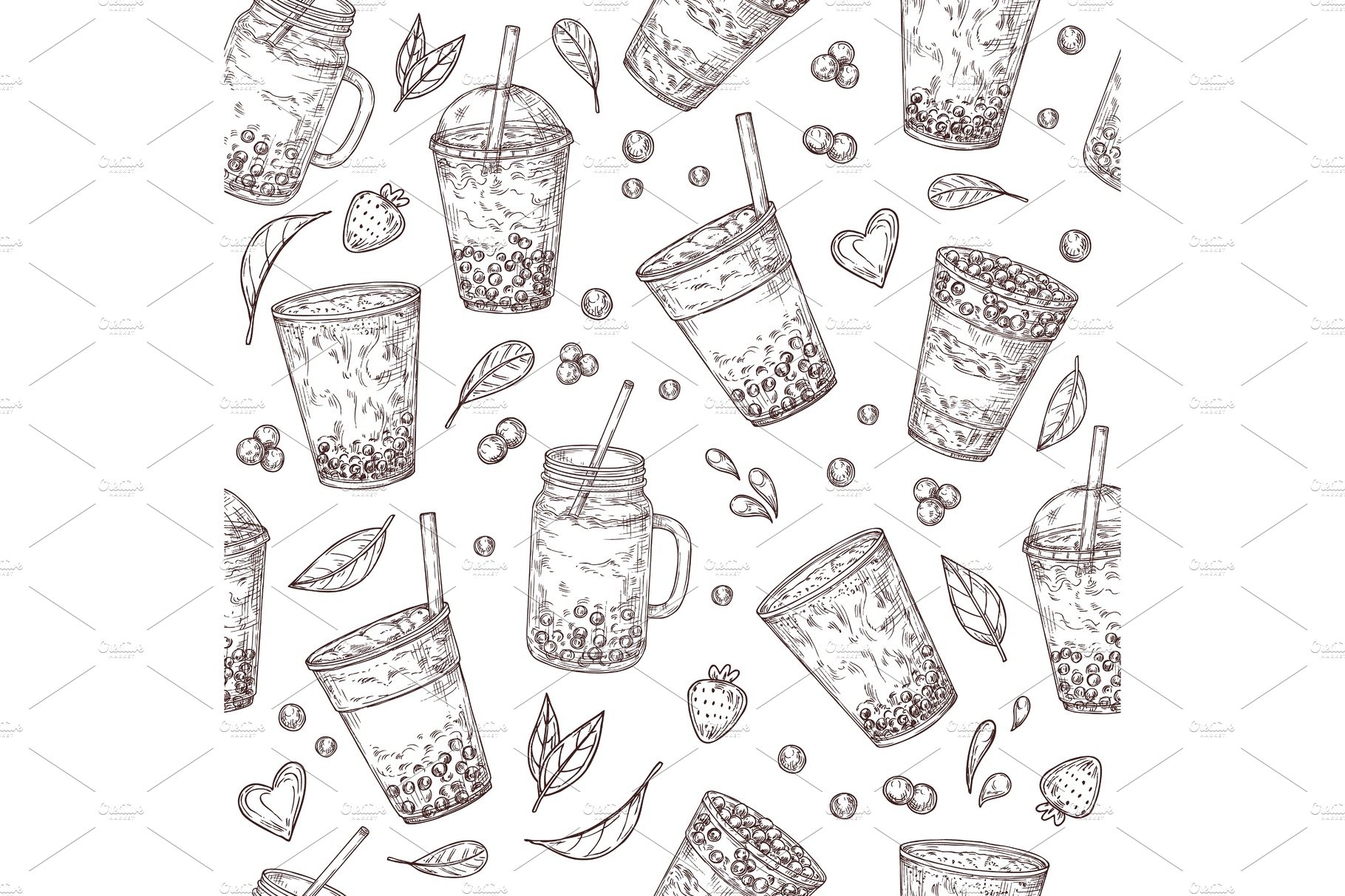 Boba tea pattern. Asian drinks cover image.