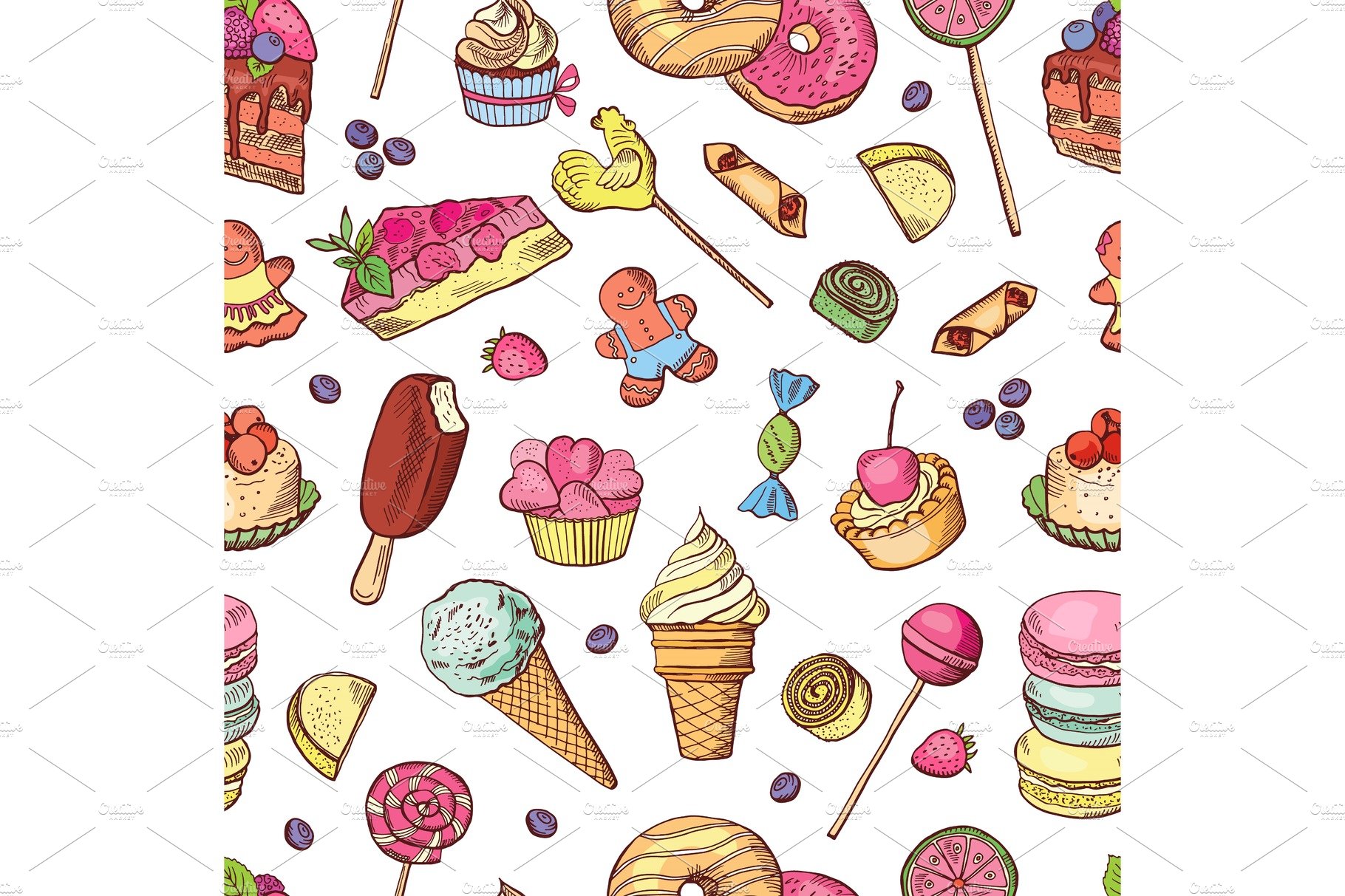 Vector seamless pattern of candies, ice cream, cake and other different swe... cover image.
