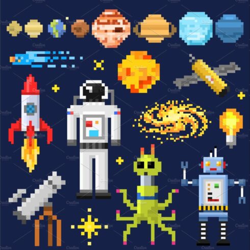 Set of space stars, alien spaceman, robot rocket and satellite cubes solar ... cover image.
