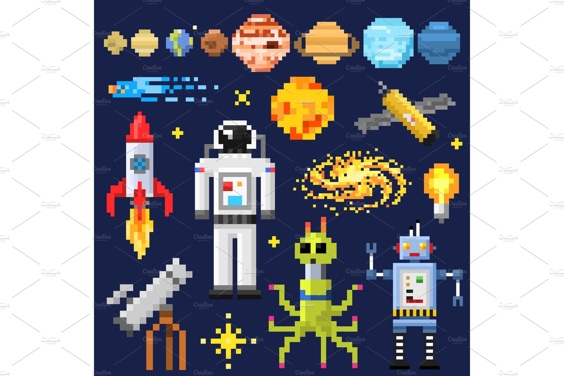 Set of space stars, alien spaceman, robot rocket and satellite cubes solar ... cover image.