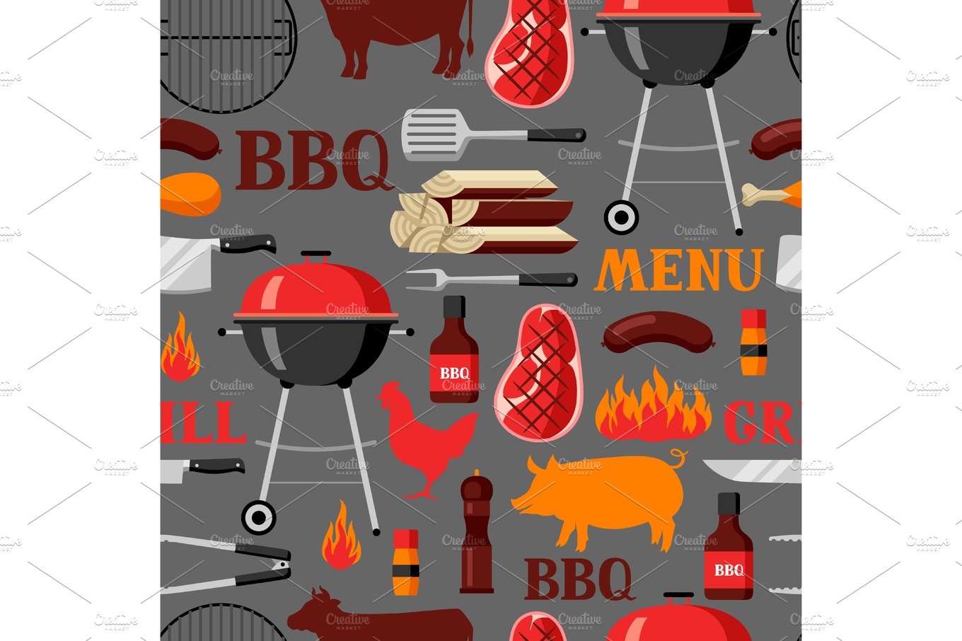 Bbq seamless pattern with grill objects and icons cover image.