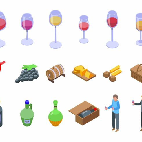 Sommelier party icons set isometric cover image.