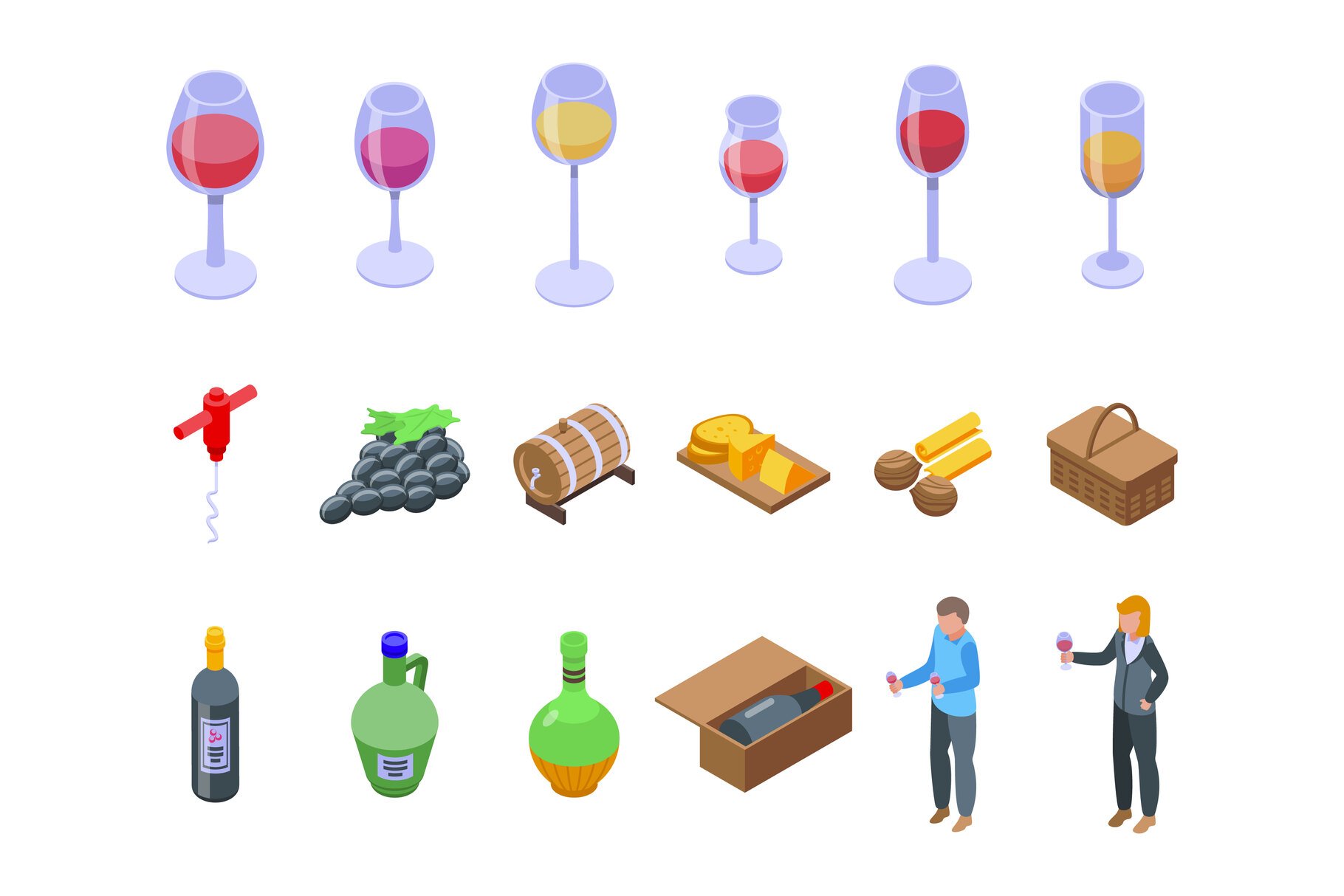 Sommelier party icons set isometric cover image.