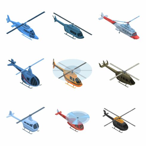 Helicopter icon set, isometric style cover image.
