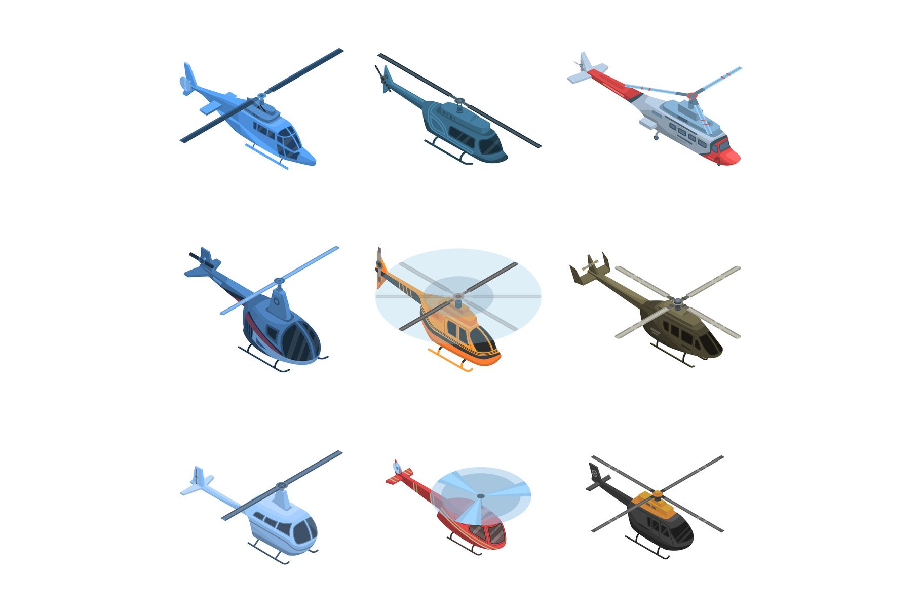 Helicopter icon set, isometric style cover image.
