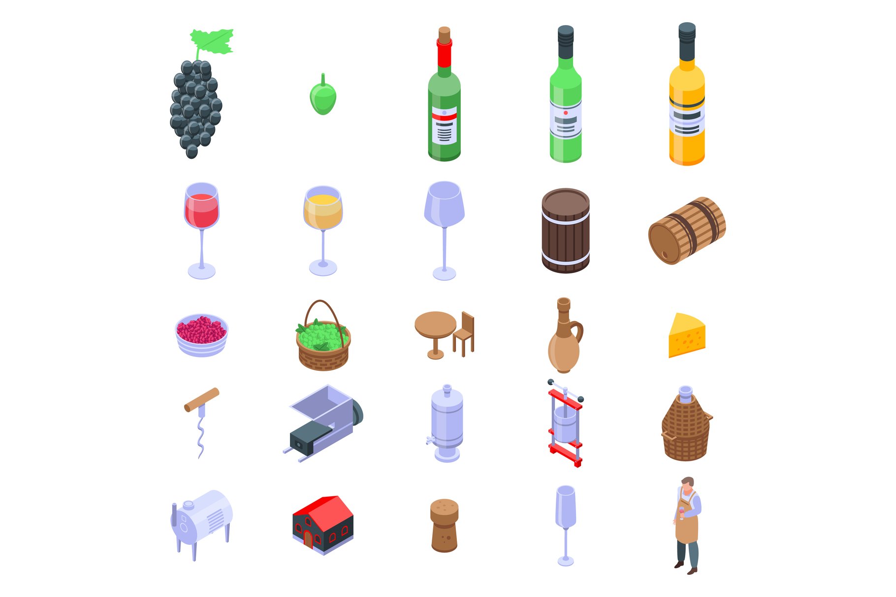 Winemaker icons set, isometric style cover image.