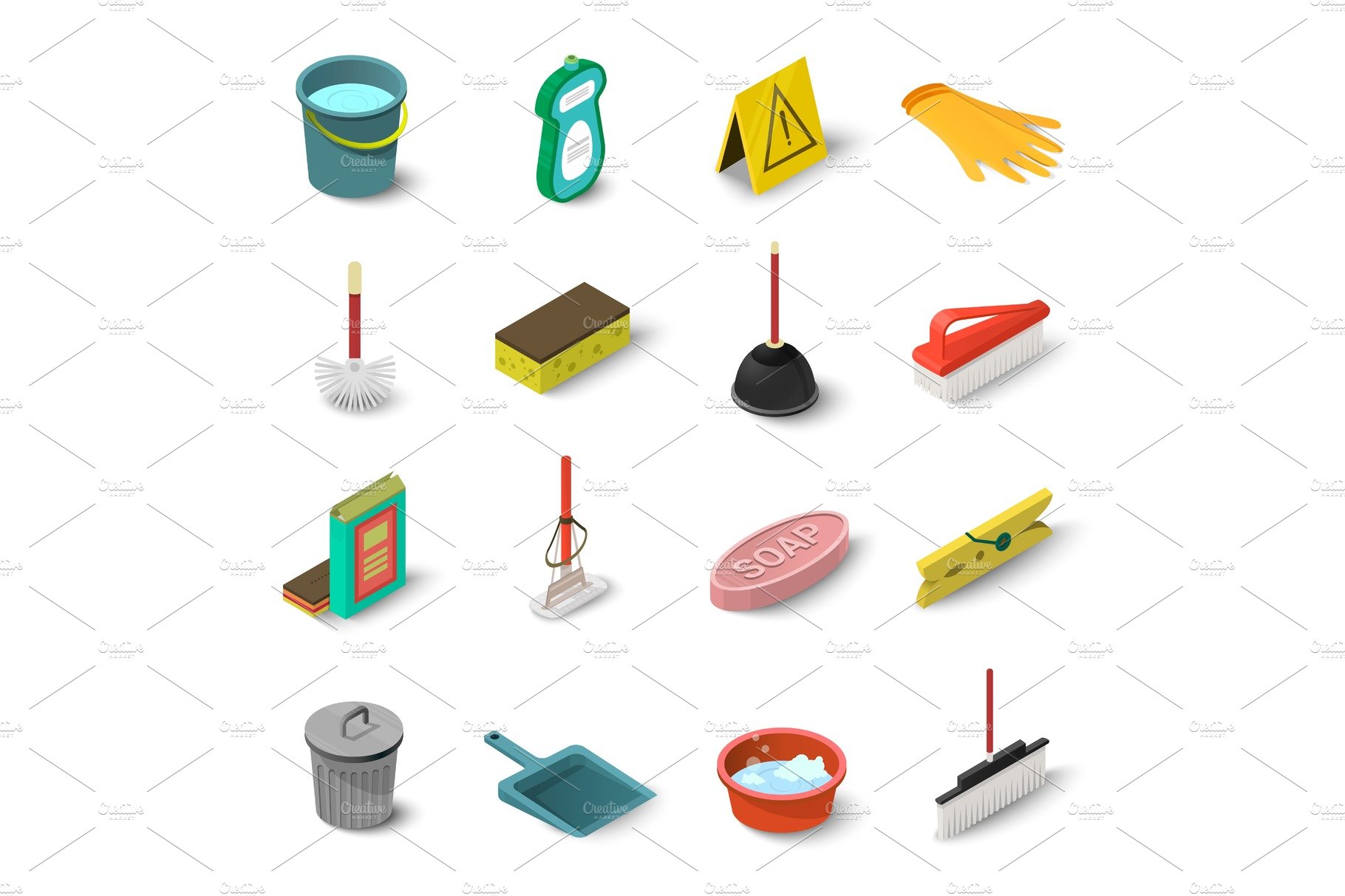 Cleaning icons set, isometric style cover image.