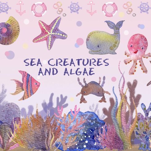 Set of seaweed and sea creatures cover image.