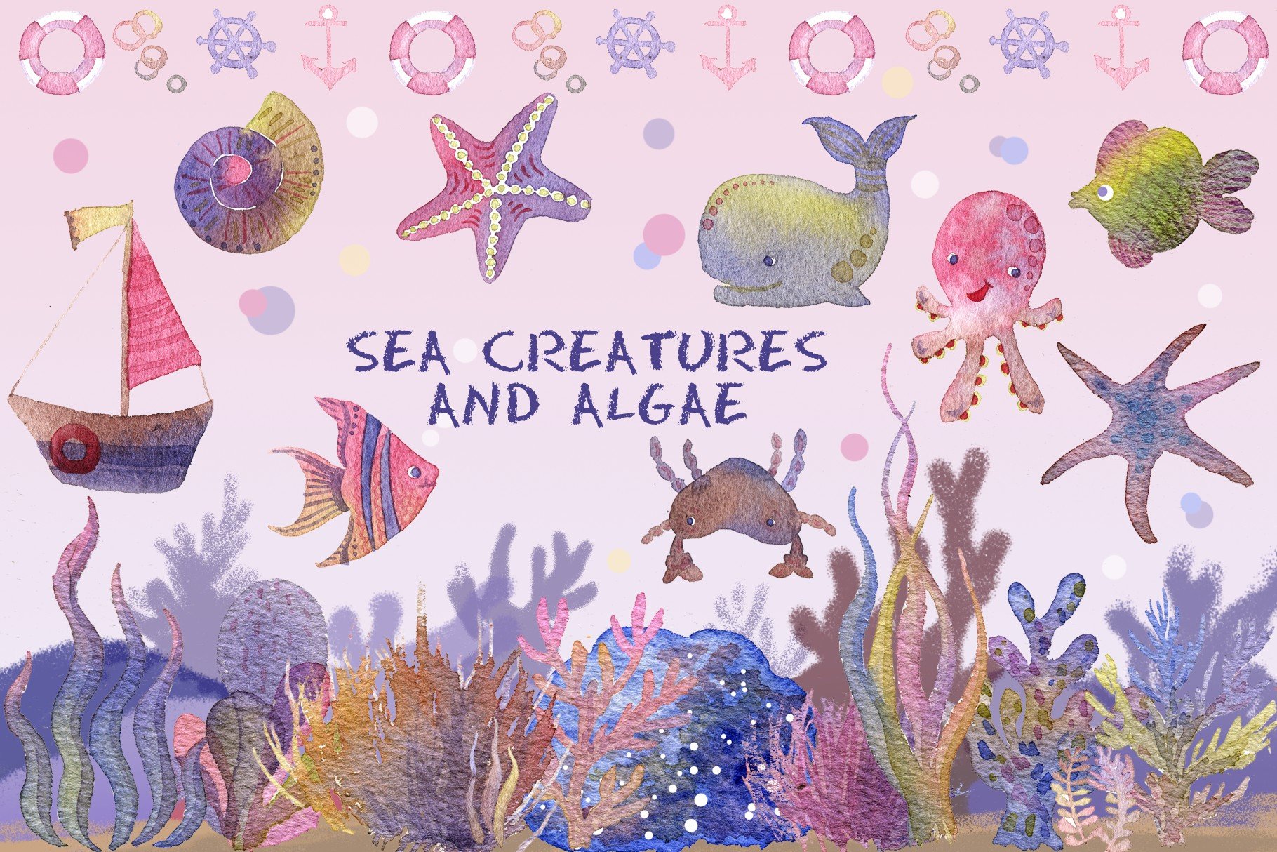 Set of seaweed and sea creatures cover image.