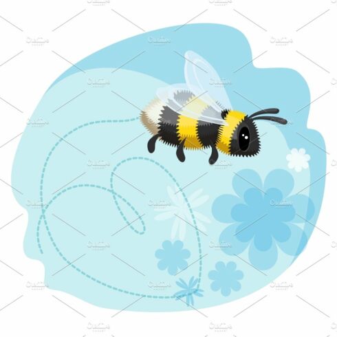 Cute bumblebee leaves trace in shape of heart, blue background cover image.