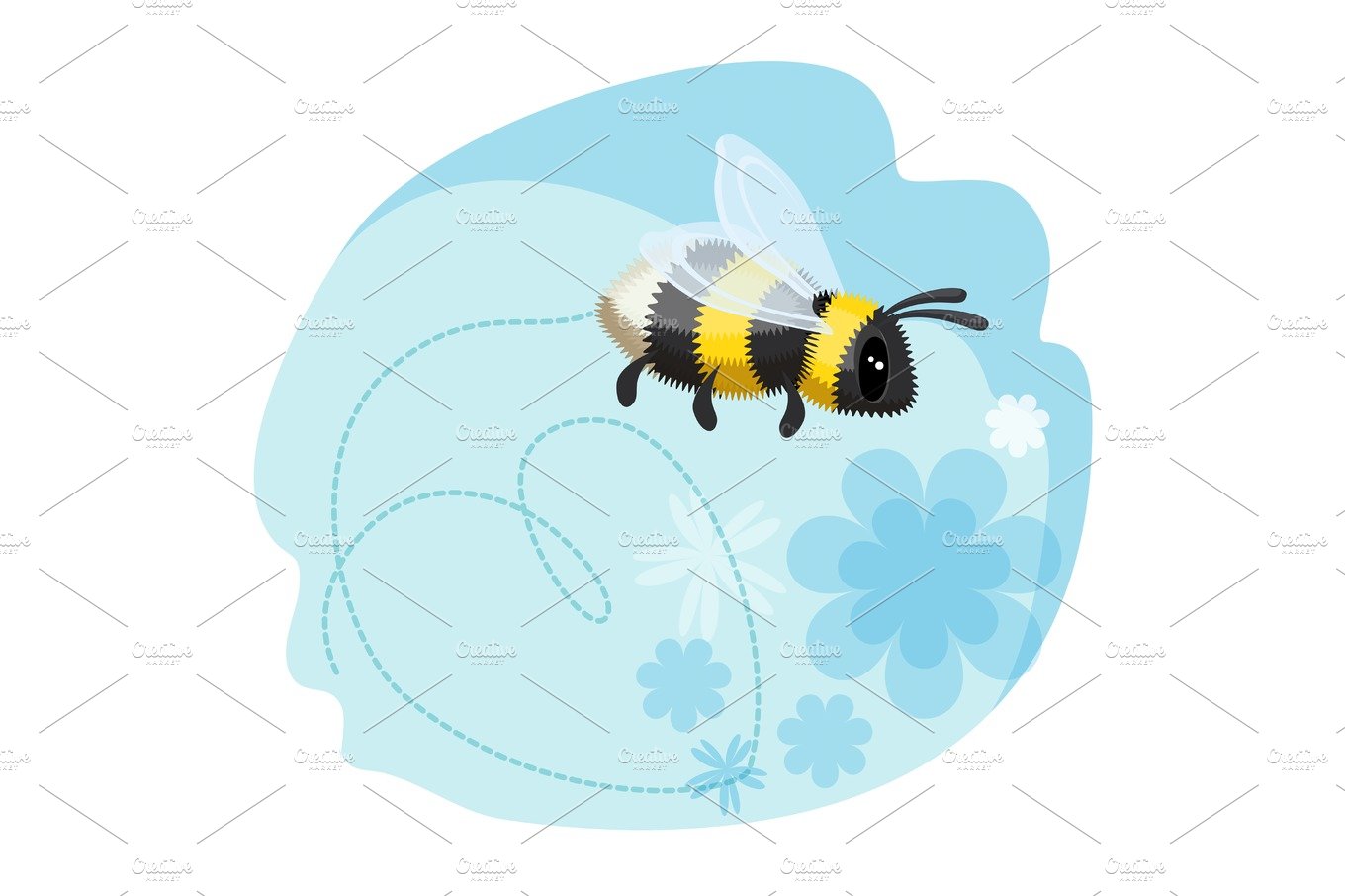 Cute bumblebee leaves trace in shape of heart, blue background cover image.