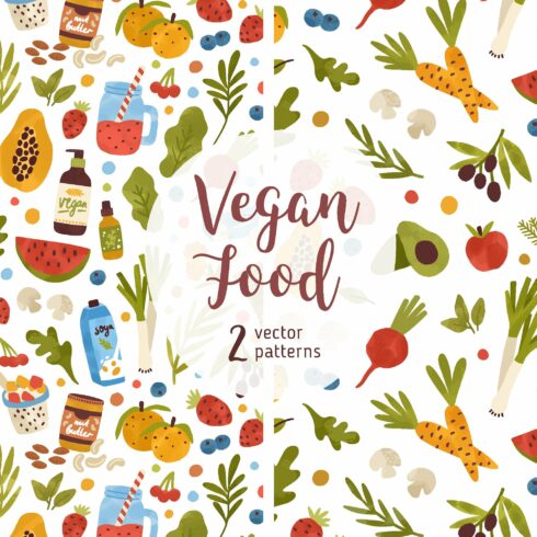 Vegan food seamless patterns cover image.