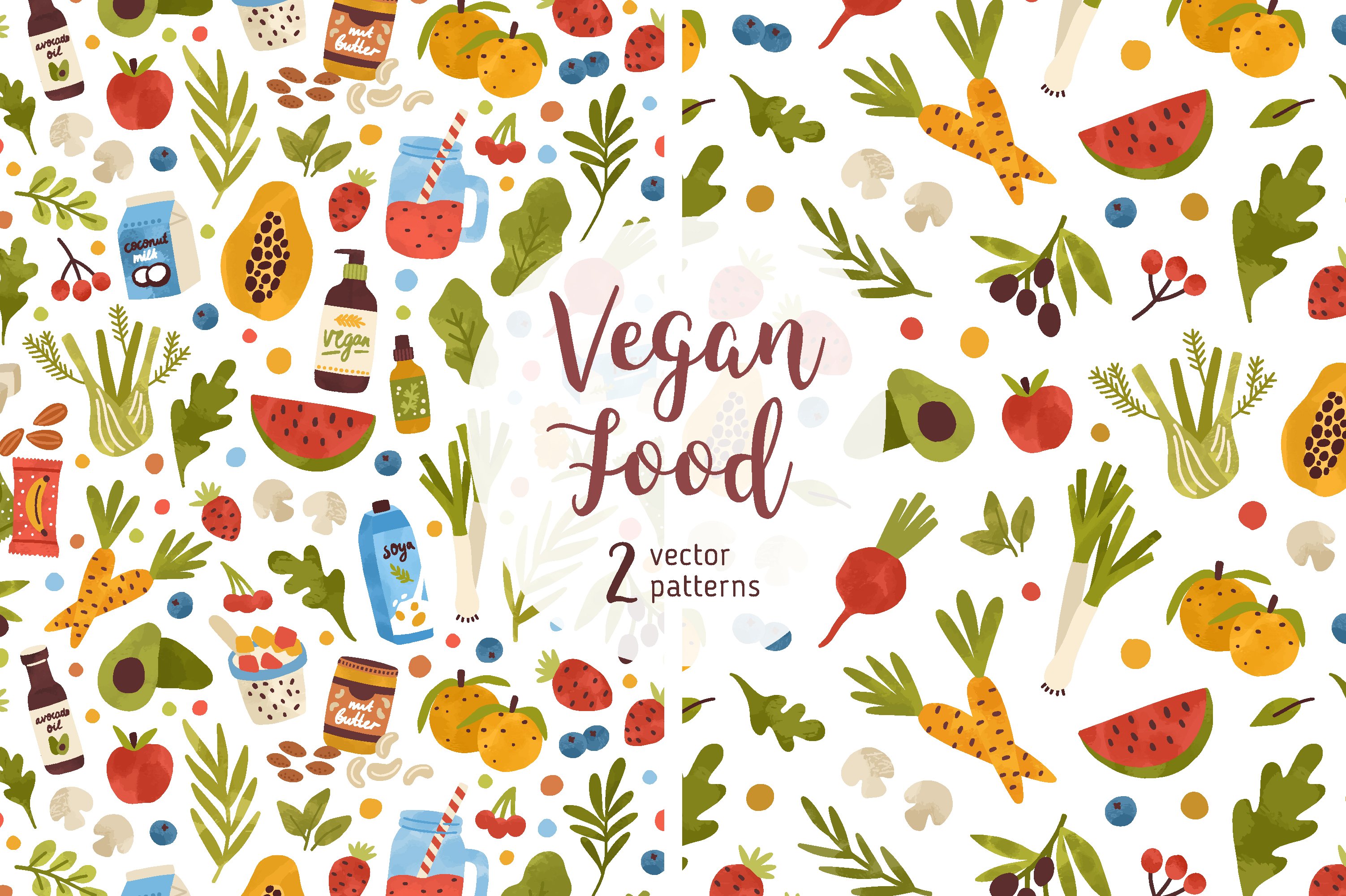 Vegan food seamless patterns cover image.