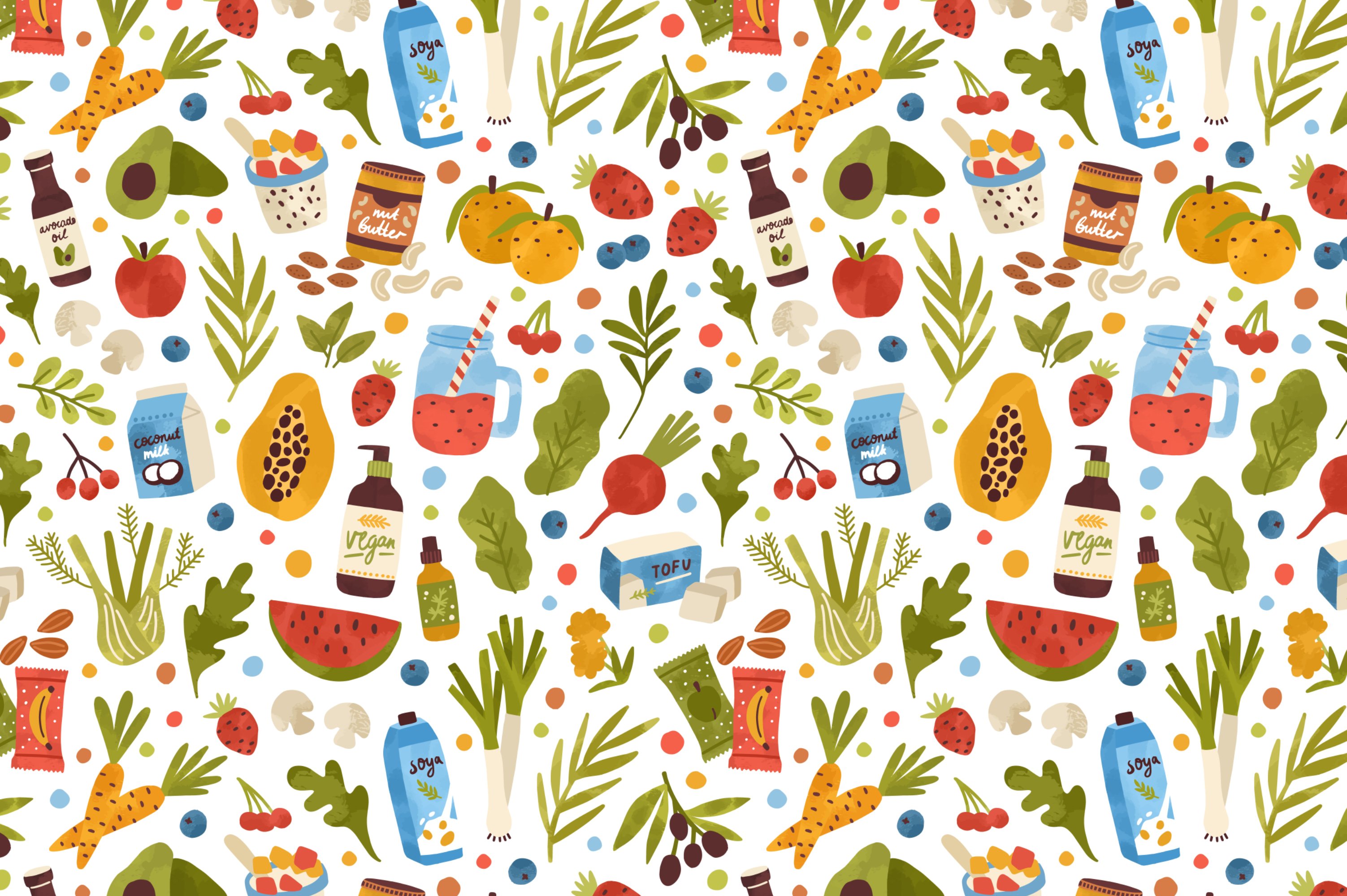 Vegan food seamless patterns preview image.