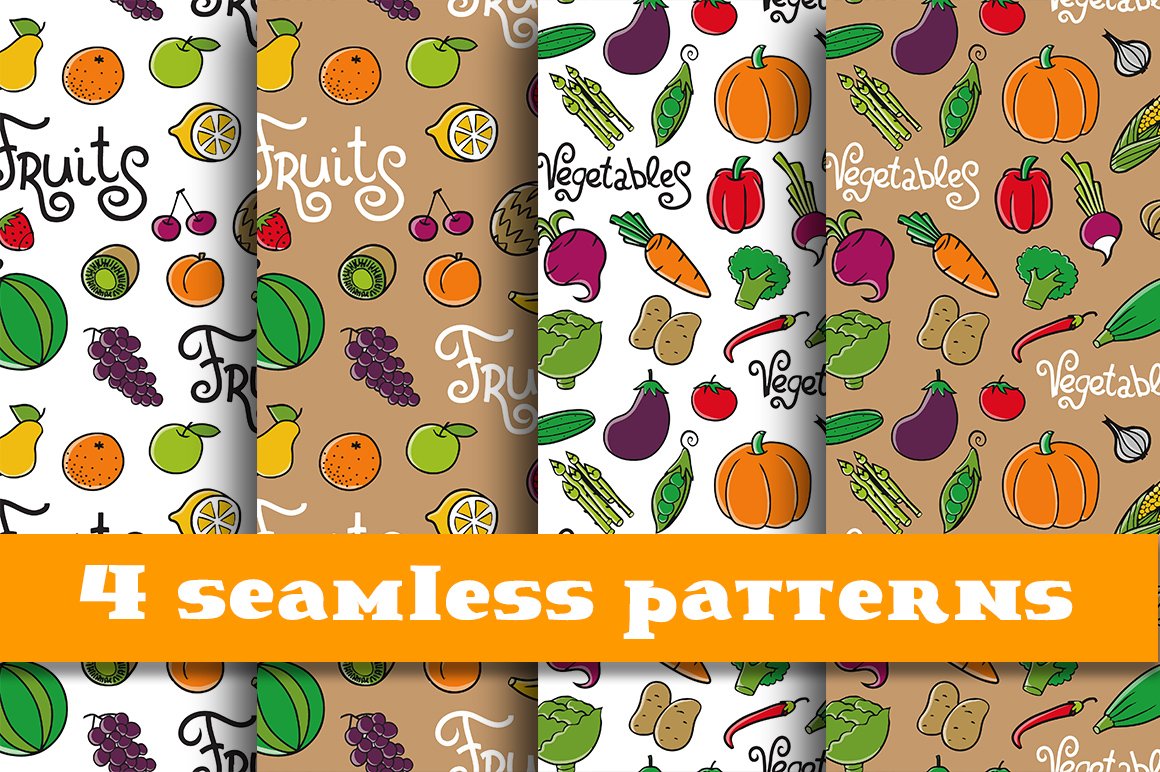 4  patterns with vegetables & fruits cover image.