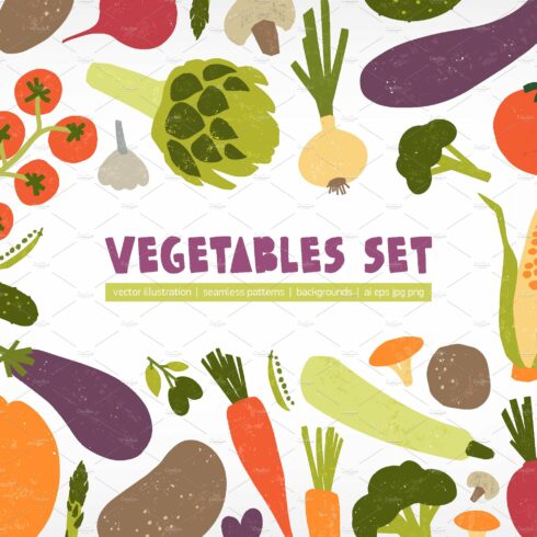 Vegetables set and seamless pattern cover image.